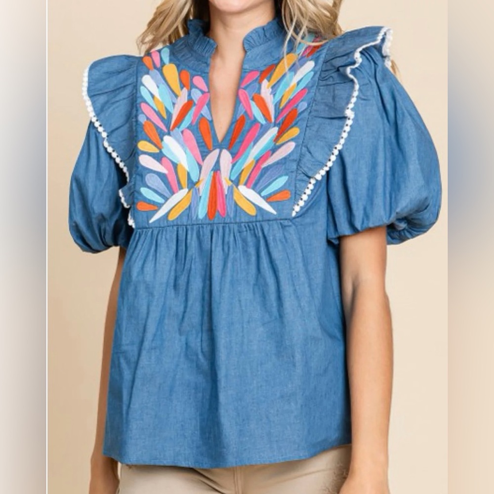 Babydoll embroidery denim top